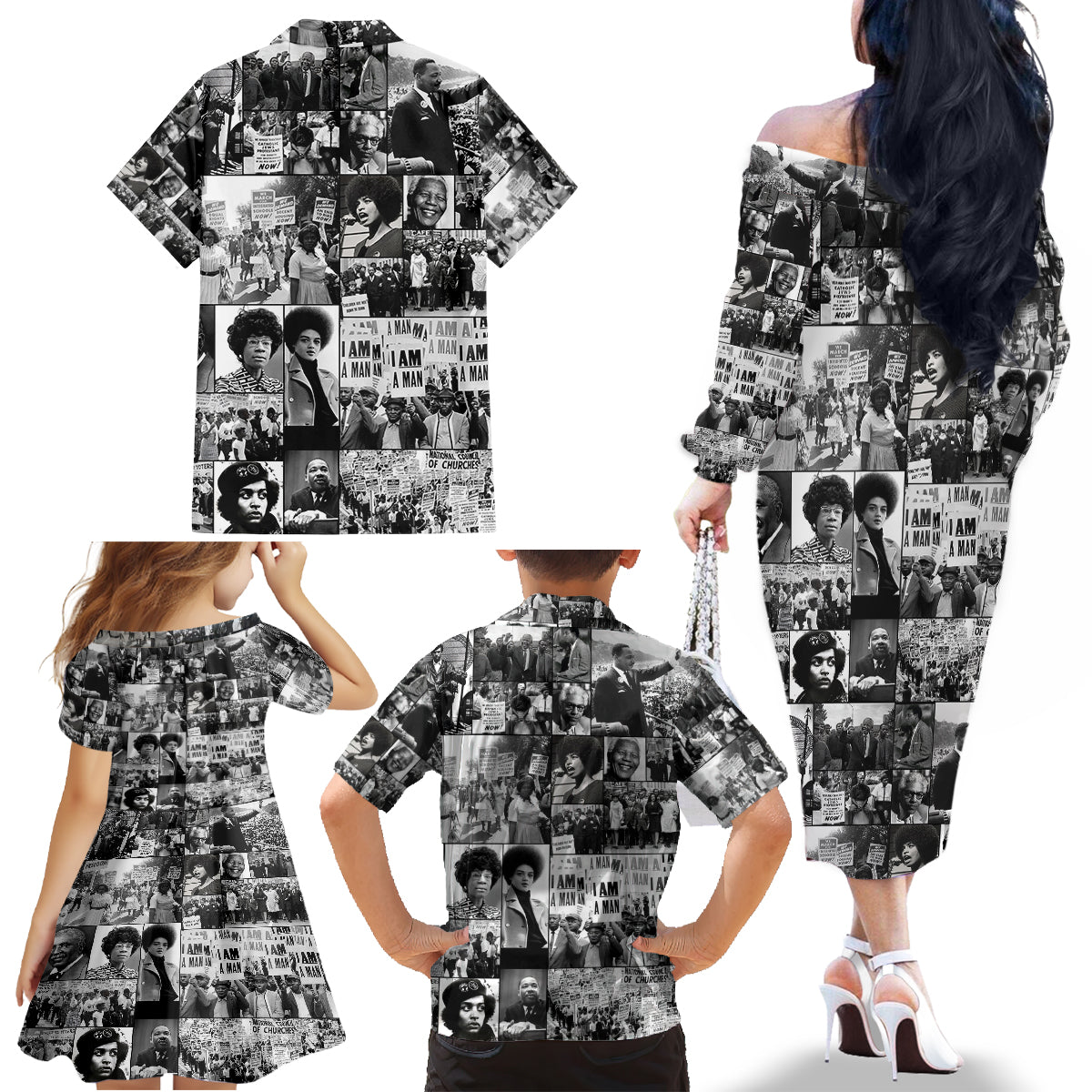 African Family Matching Off Shoulder Long Sleeve Dress and Hawaiian Shirt Black Power Images - Wonder Print Shop