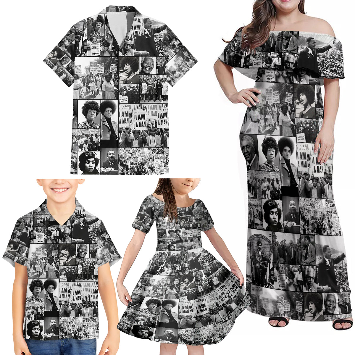 African Family Matching Off Shoulder Maxi Dress and Hawaiian Shirt Black Power Images - Wonder Print Shop
