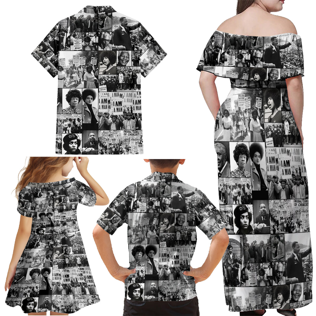 African Family Matching Off Shoulder Maxi Dress and Hawaiian Shirt Black Power Images - Wonder Print Shop