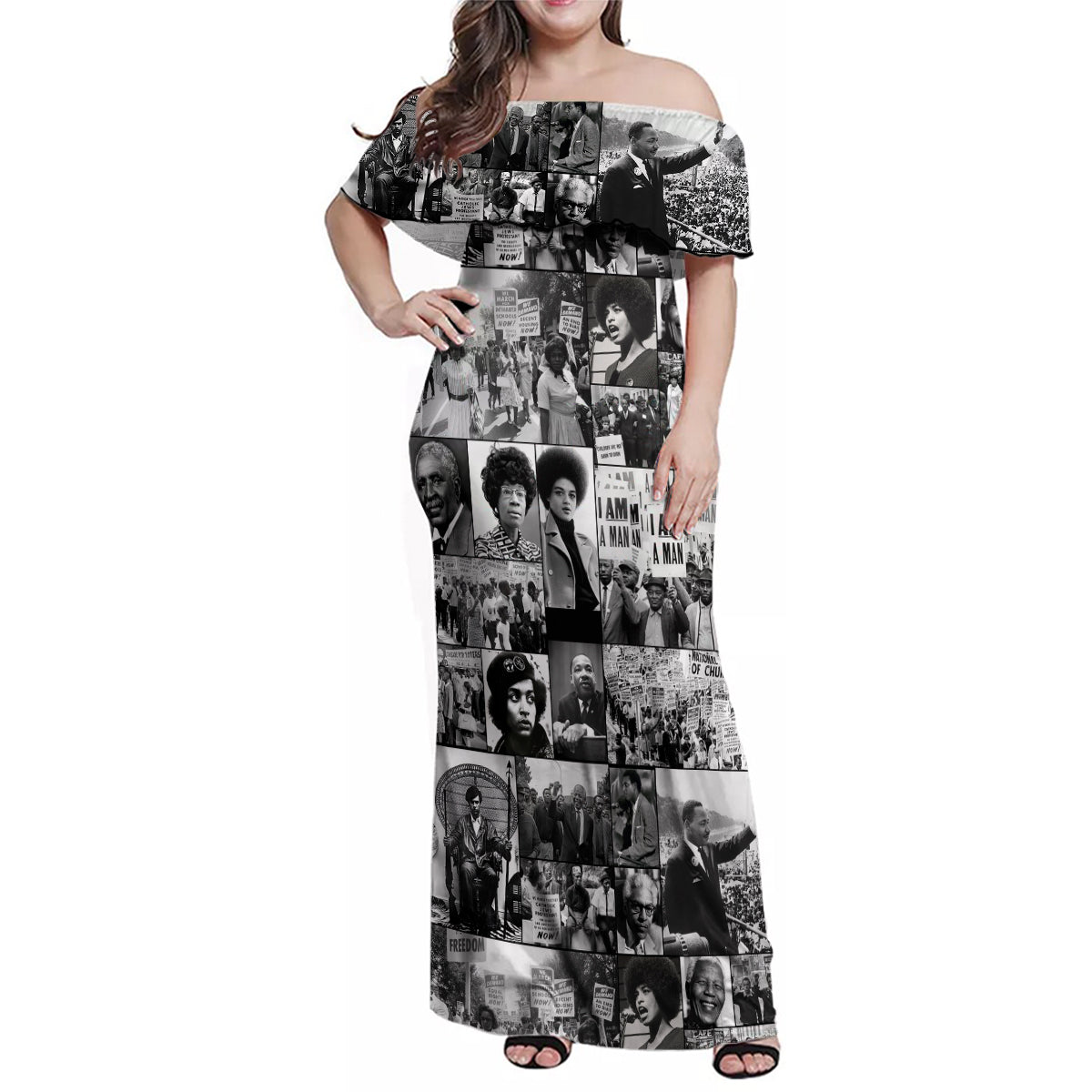 African Family Matching Off Shoulder Maxi Dress and Hawaiian Shirt Black Power Images - Wonder Print Shop