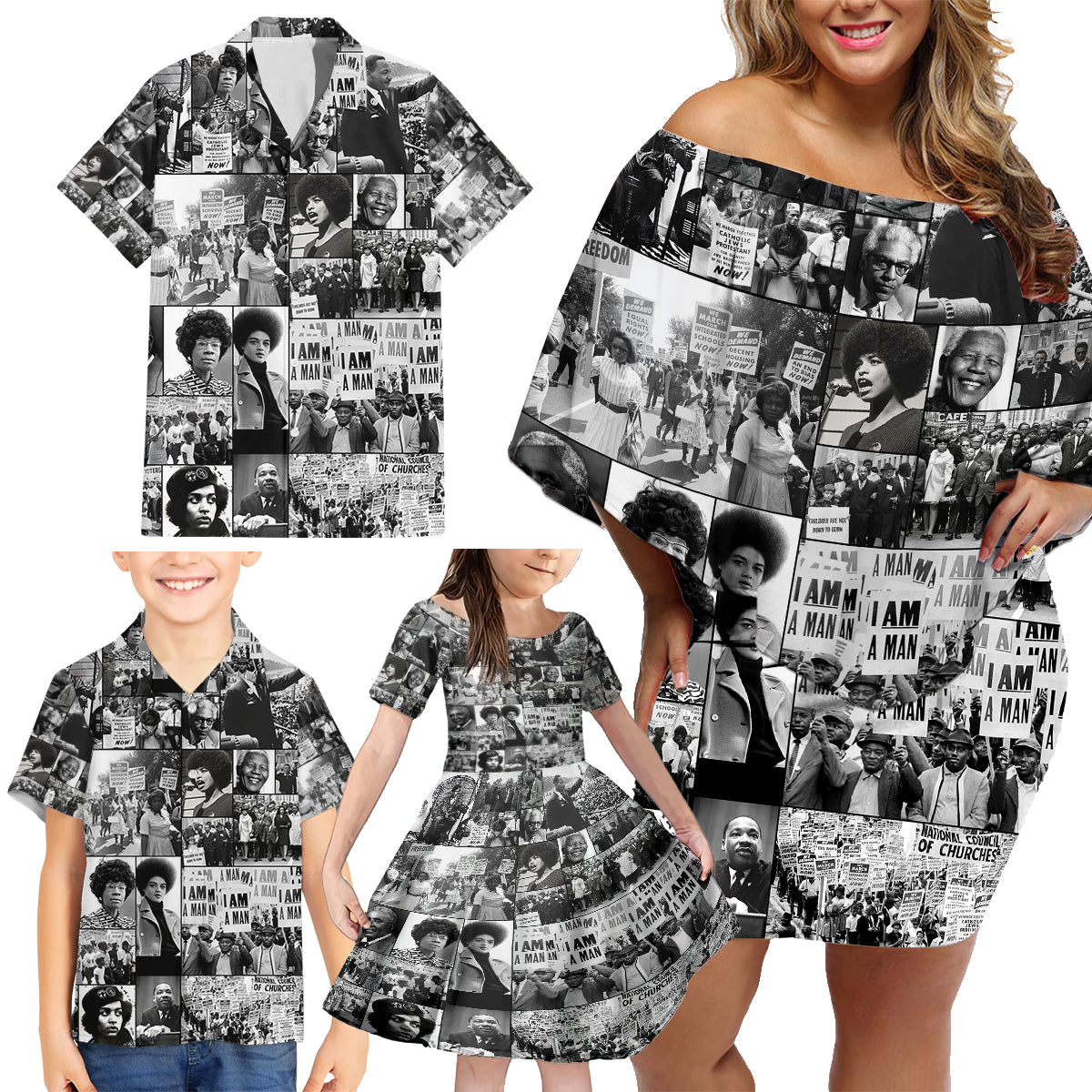 African Family Matching Off Shoulder Short Dress and Hawaiian Shirt Black Power Images - Wonder Print Shop