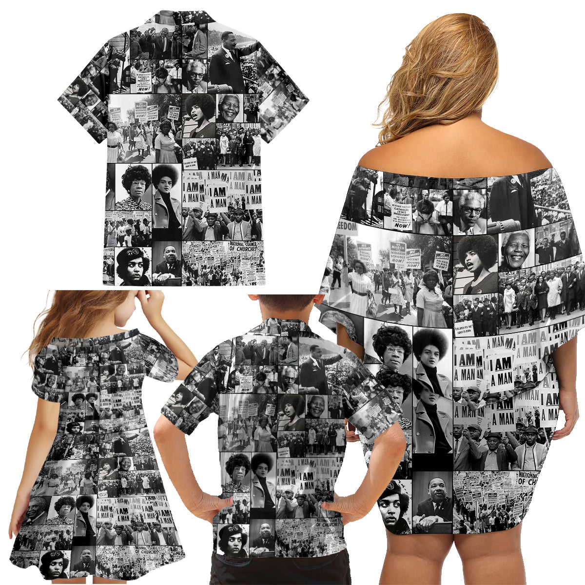 African Family Matching Off Shoulder Short Dress and Hawaiian Shirt Black Power Images - Wonder Print Shop