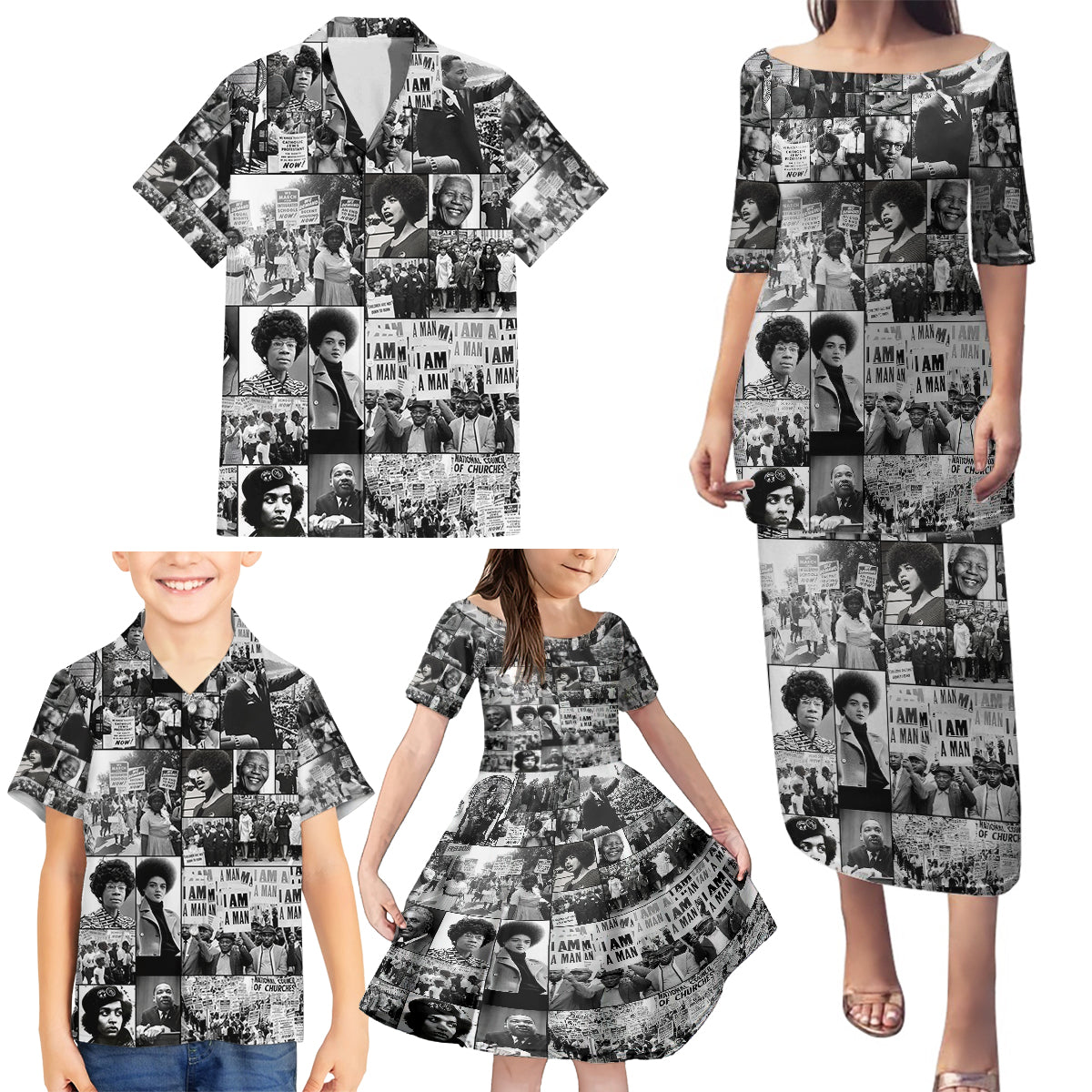 African Family Matching Puletasi Dress and Hawaiian Shirt Black Power Images - Wonder Print Shop