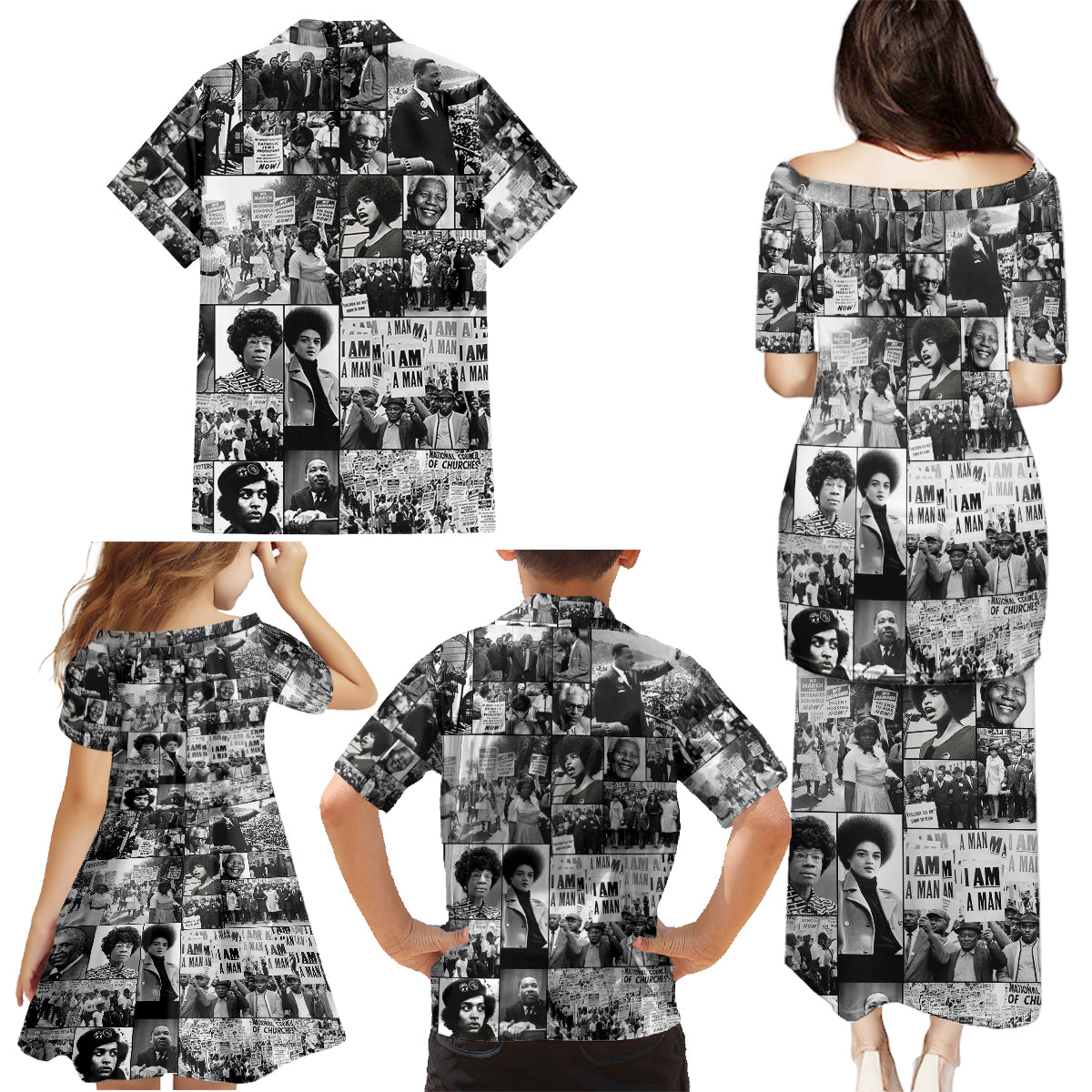 African Family Matching Puletasi Dress and Hawaiian Shirt Black Power Images - Wonder Print Shop