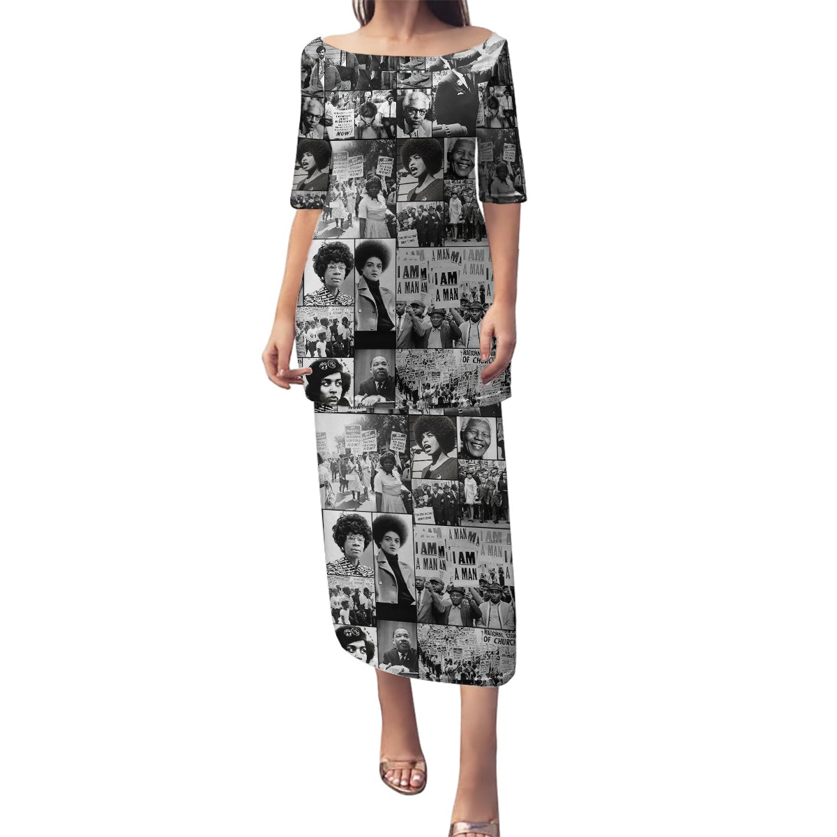 African Family Matching Puletasi Dress and Hawaiian Shirt Black Power Images - Wonder Print Shop