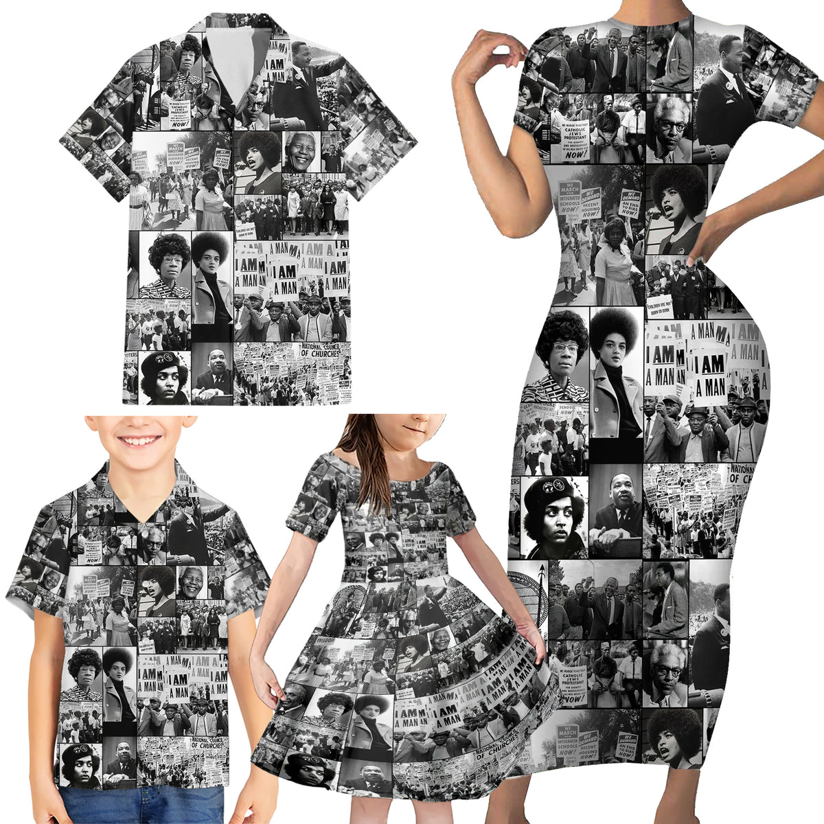 African Family Matching Short Sleeve Bodycon Dress and Hawaiian Shirt Black Power Images - Wonder Print Shop