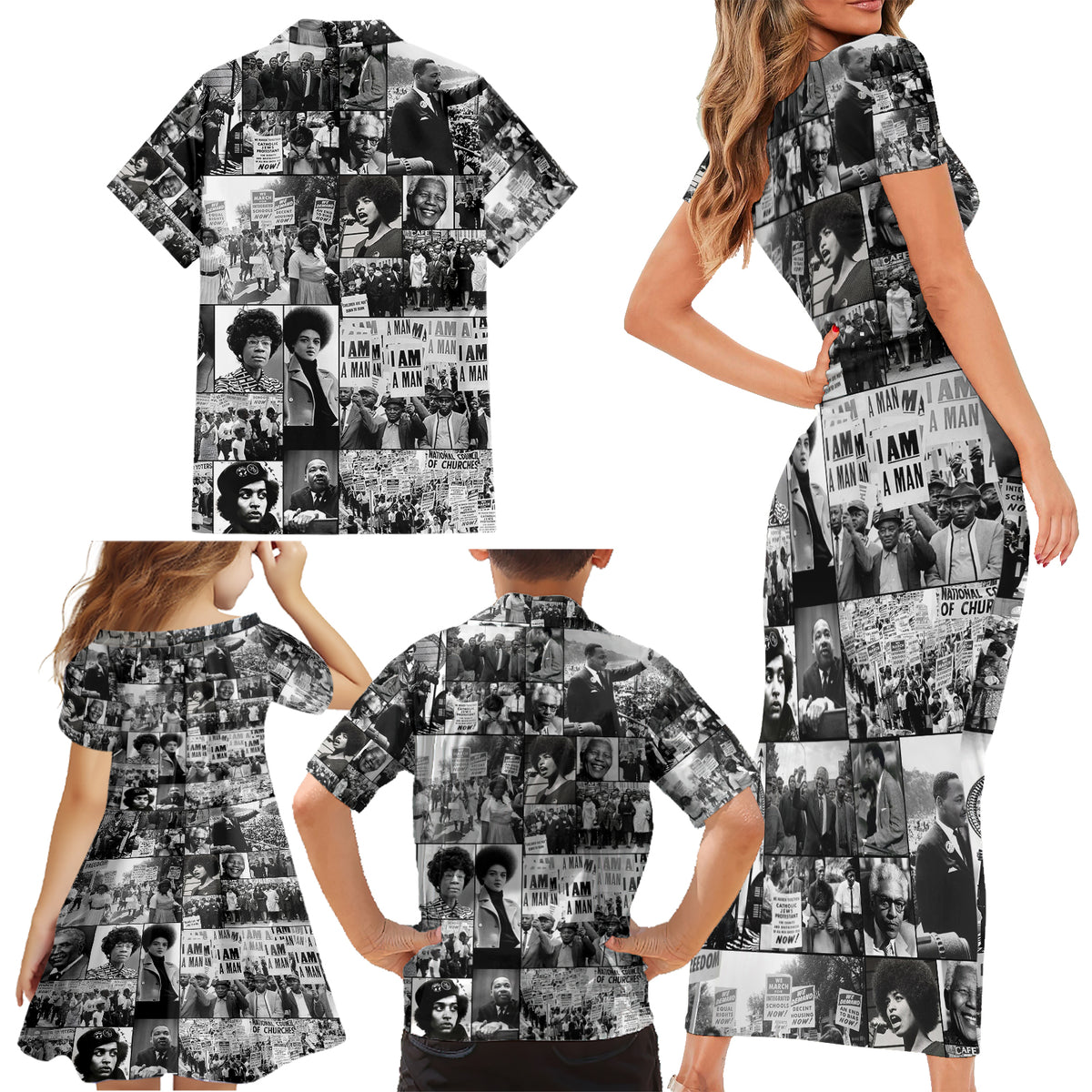 African Family Matching Short Sleeve Bodycon Dress and Hawaiian Shirt Black Power Images - Wonder Print Shop