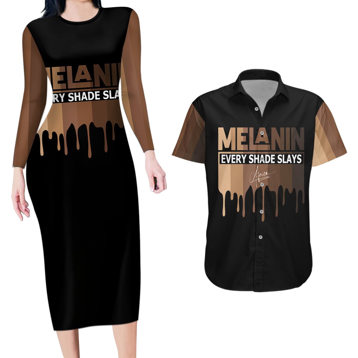 Every Shade Slays Melanin Couples Matching Long Sleeve Bodycon Dress and Hawaiian Shirt African Signature - Wonder Print Shop