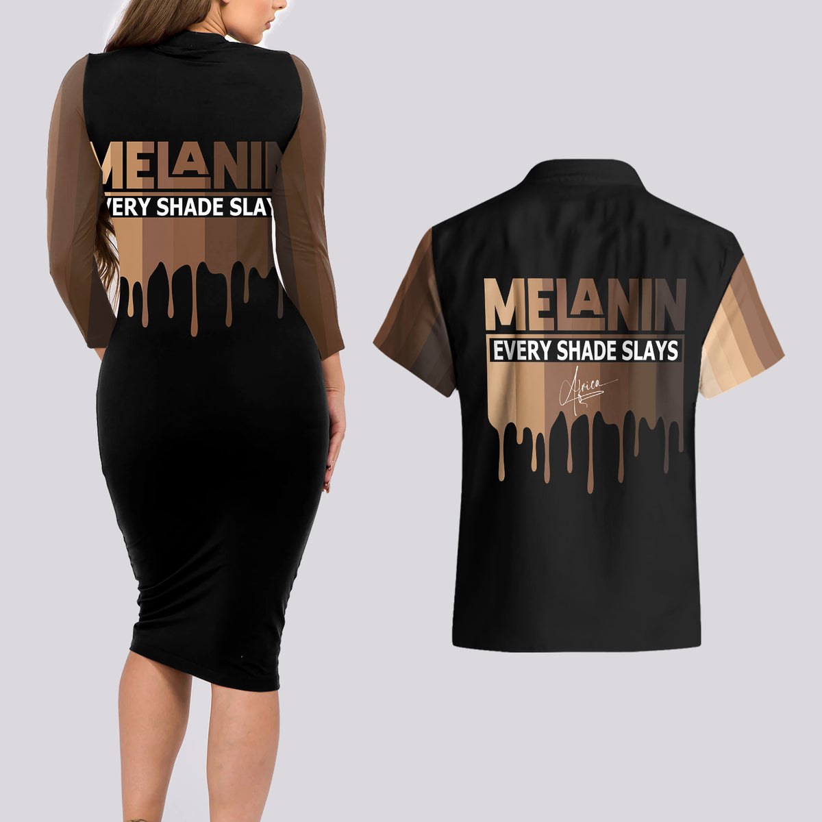Every Shade Slays Melanin Couples Matching Long Sleeve Bodycon Dress and Hawaiian Shirt African Signature - Wonder Print Shop