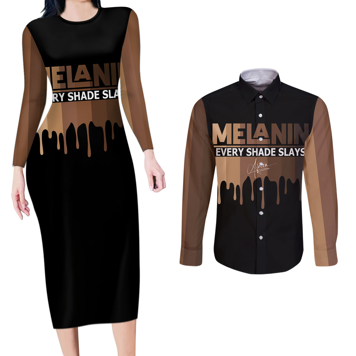 Every Shade Slays Melanin Couples Matching Long Sleeve Bodycon Dress and Long Sleeve Button Shirts African Signature - Wonder Print Shop