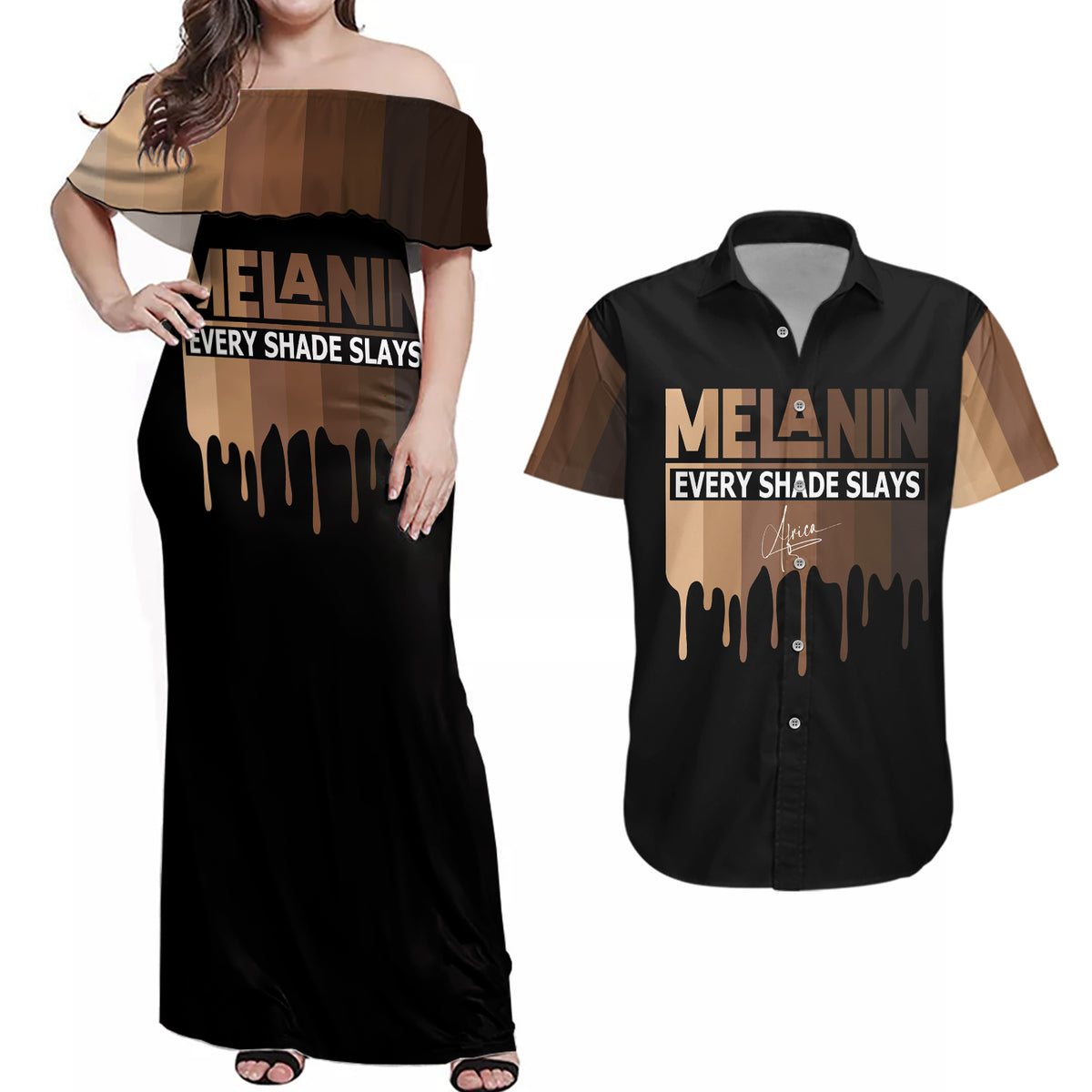 Every Shade Slays Melanin Couples Matching Off Shoulder Maxi Dress and Hawaiian Shirt African Signature - Wonder Print Shop