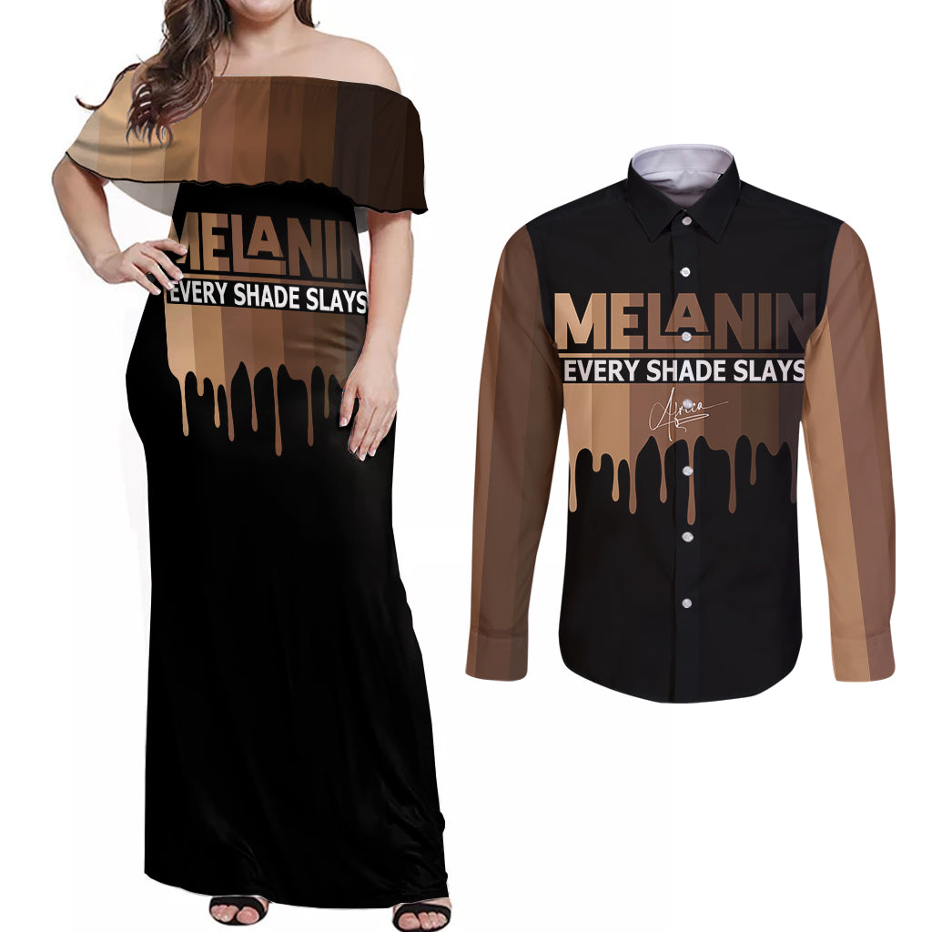 Every Shade Slays Melanin Couples Matching Off Shoulder Maxi Dress and Long Sleeve Button Shirts African Signature - Wonder Print Shop