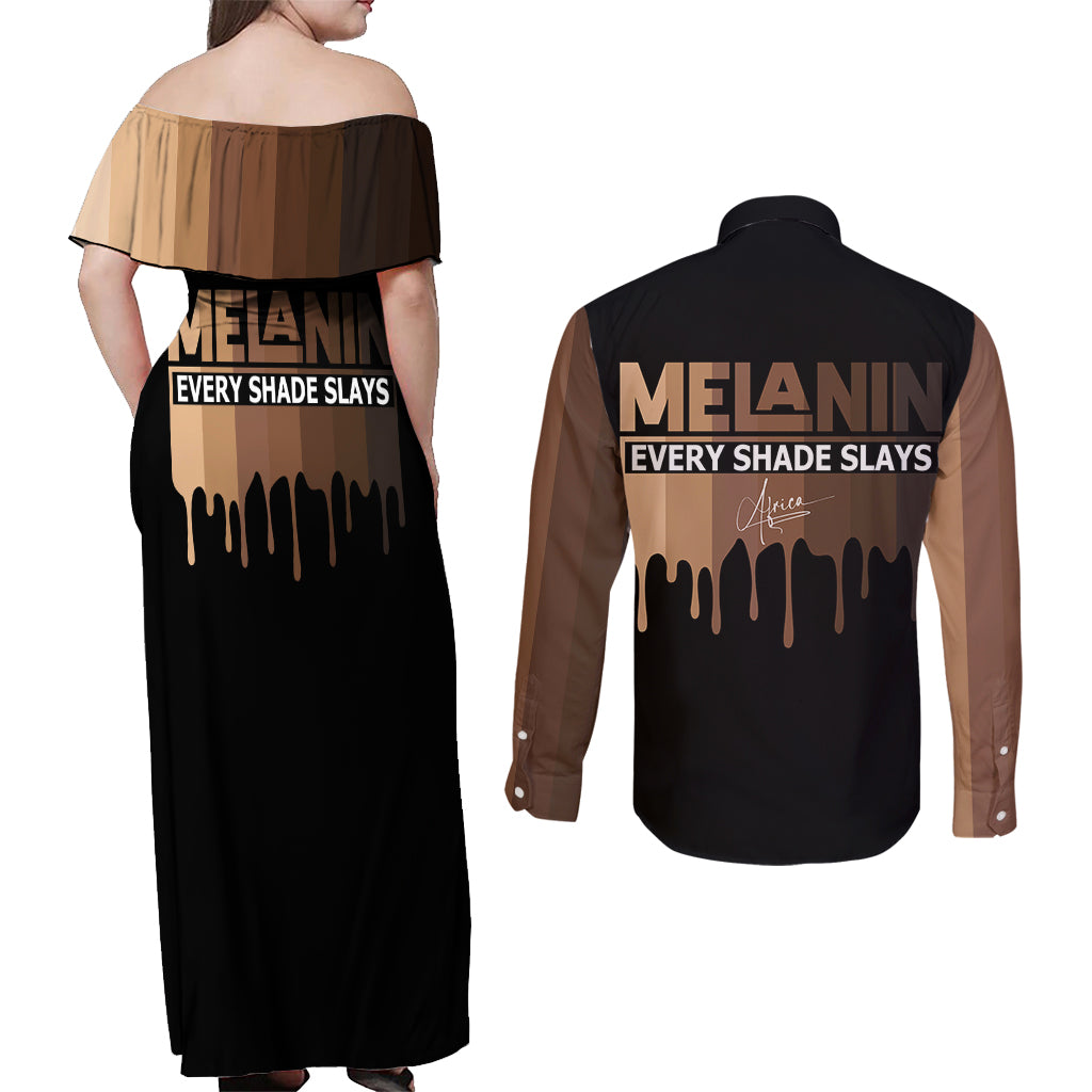 Every Shade Slays Melanin Couples Matching Off Shoulder Maxi Dress and Long Sleeve Button Shirts African Signature - Wonder Print Shop