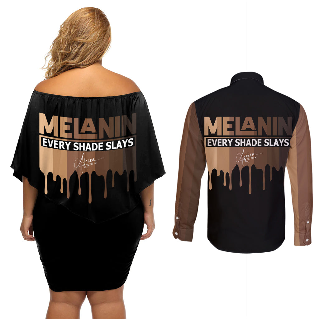 Every Shade Slays Melanin Couples Matching Off Shoulder Short Dress and Long Sleeve Button Shirts African Signature - Wonder Print Shop