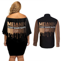 Every Shade Slays Melanin Couples Matching Off Shoulder Short Dress and Long Sleeve Button Shirts African Signature - Wonder Print Shop