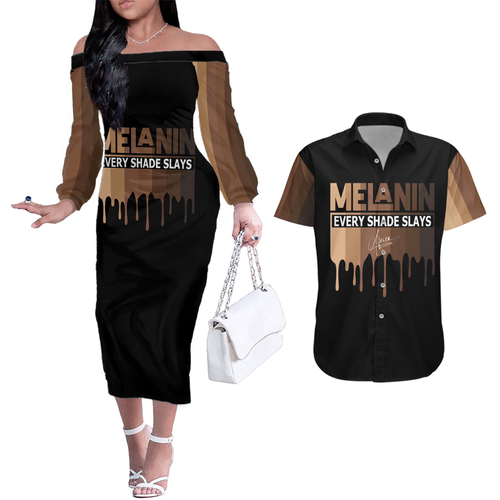 Every Shade Slays Melanin Couples Matching Off The Shoulder Long Sleeve Dress and Hawaiian Shirt African Signature - Wonder Print Shop