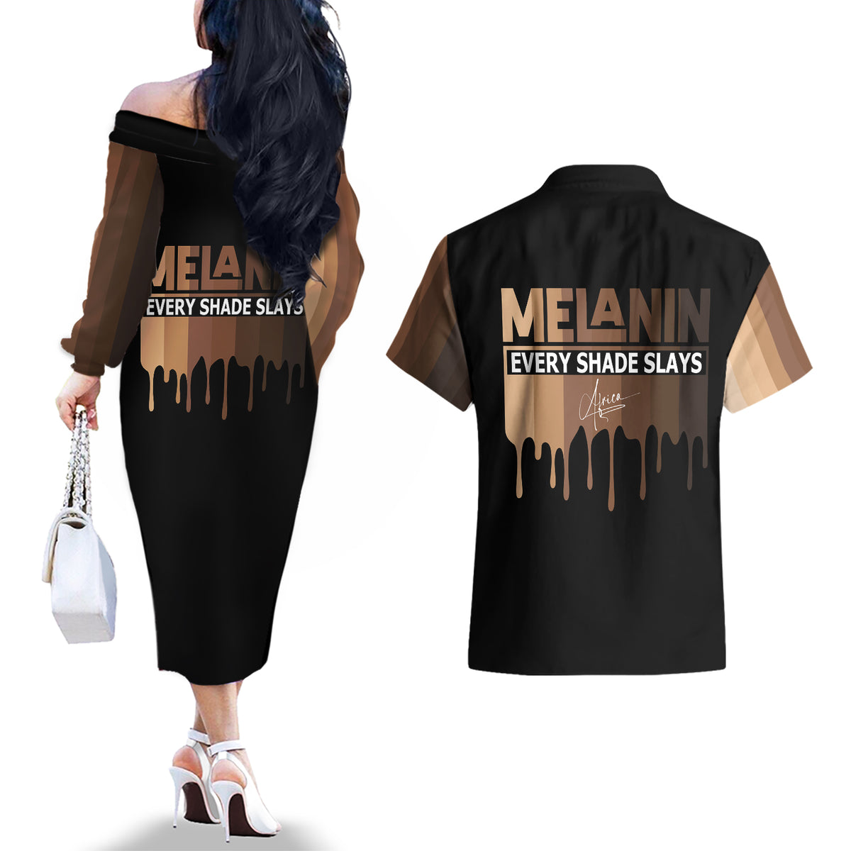 Every Shade Slays Melanin Couples Matching Off The Shoulder Long Sleeve Dress and Hawaiian Shirt African Signature - Wonder Print Shop