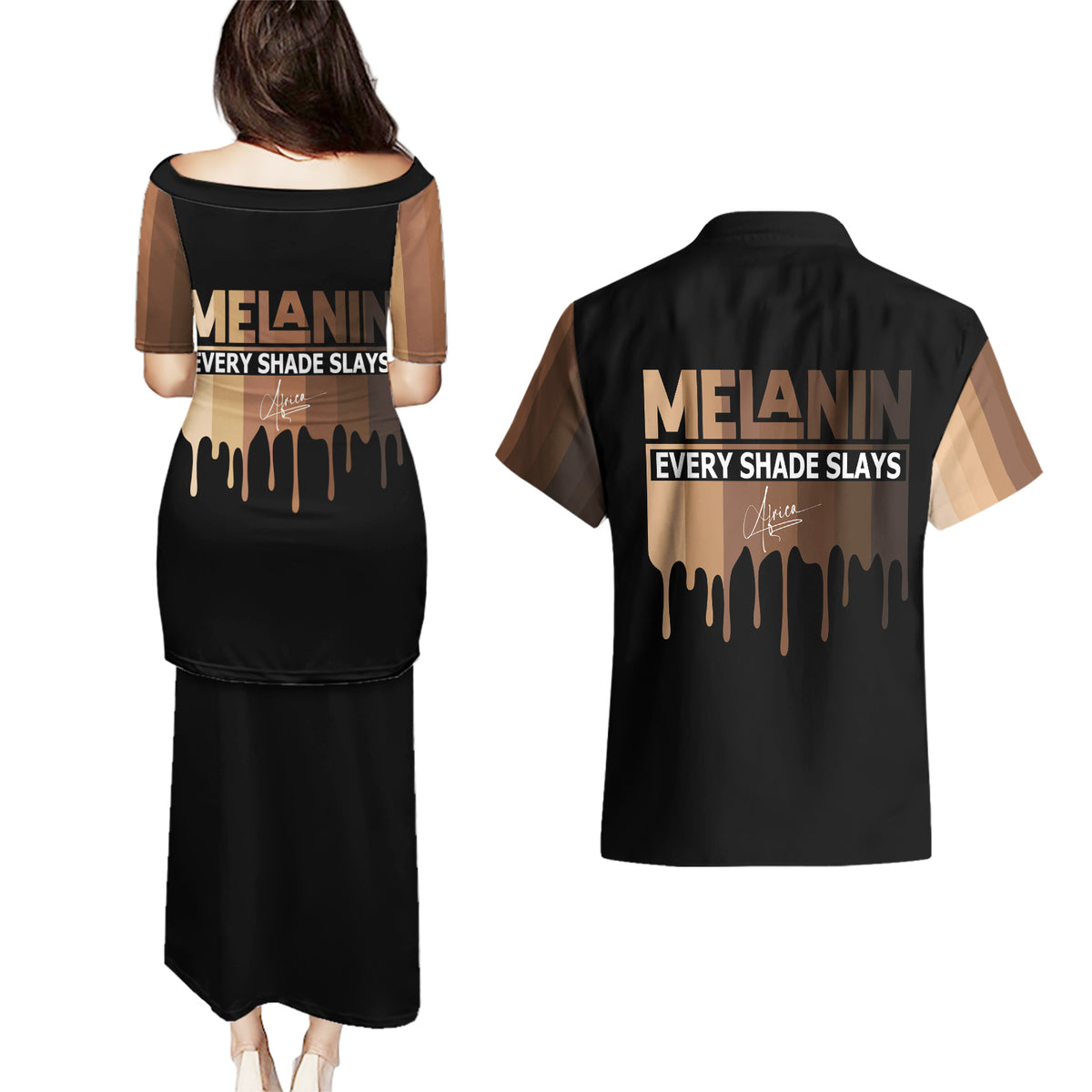 Every Shade Slays Melanin Couples Matching Puletasi Dress and Hawaiian Shirt African Signature - Wonder Print Shop