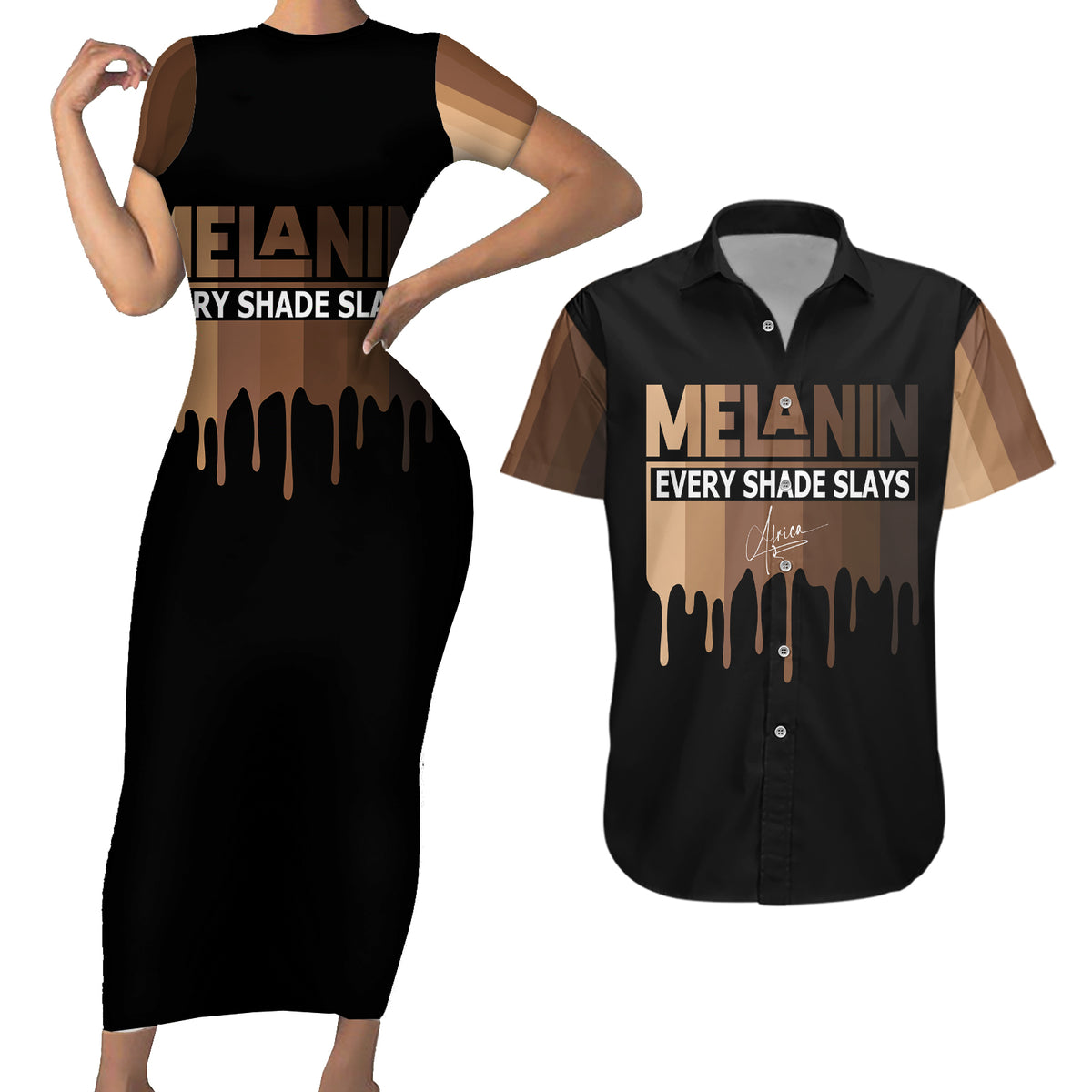 Every Shade Slays Melanin Couples Matching Short Sleeve Bodycon Dress and Hawaiian Shirt African Signature - Wonder Print Shop