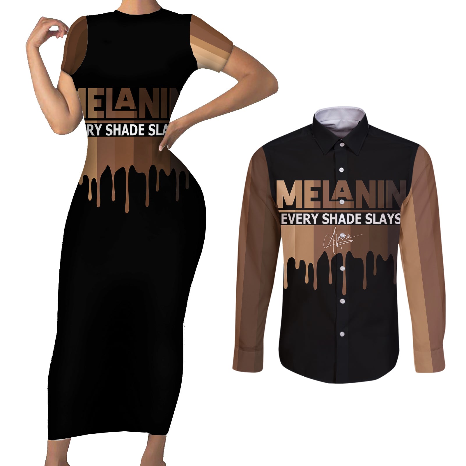 Every Shade Slays Melanin Couples Matching Short Sleeve Bodycon Dress and Long Sleeve Button Shirts African Signature - Wonder Print Shop