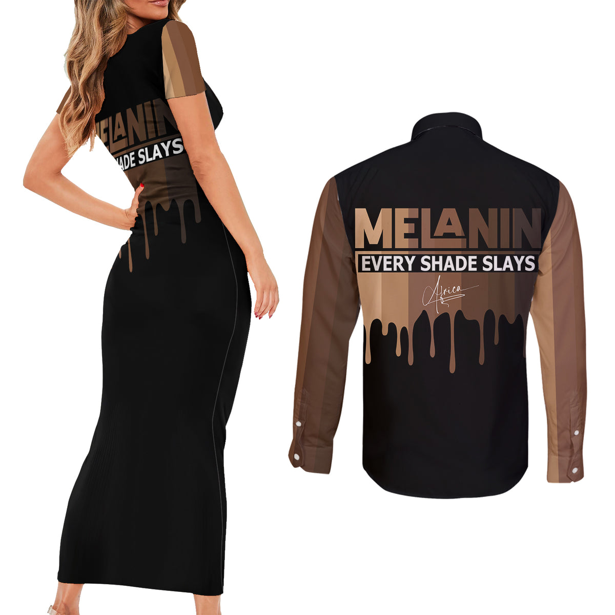 Every Shade Slays Melanin Couples Matching Short Sleeve Bodycon Dress and Long Sleeve Button Shirts African Signature - Wonder Print Shop