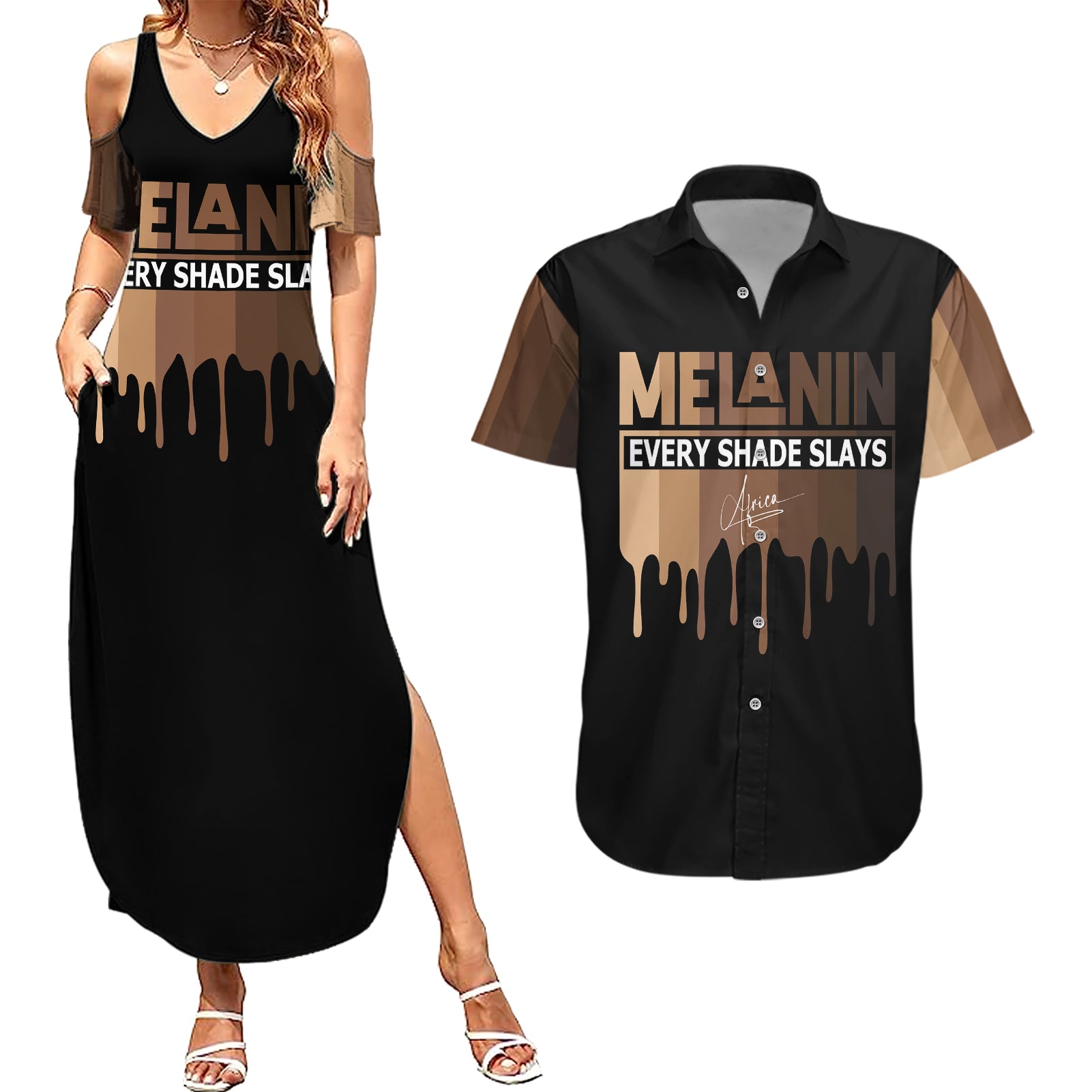 Every Shade Slays Melanin Couples Matching Summer Maxi Dress and Hawaiian Shirt African Signature - Wonder Print Shop