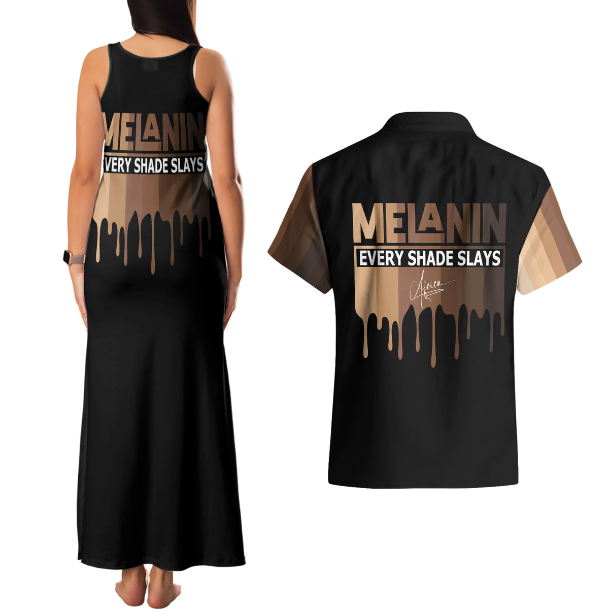 Every Shade Slays Melanin Couples Matching Tank Maxi Dress and Hawaiian Shirt African Signature - Wonder Print Shop