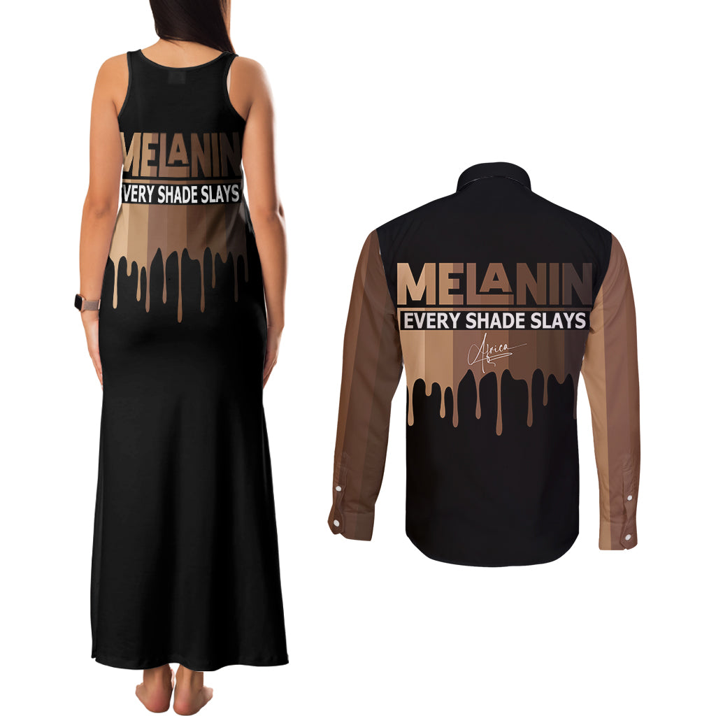 Every Shade Slays Melanin Couples Matching Tank Maxi Dress and Long Sleeve Button Shirts African Signature - Wonder Print Shop
