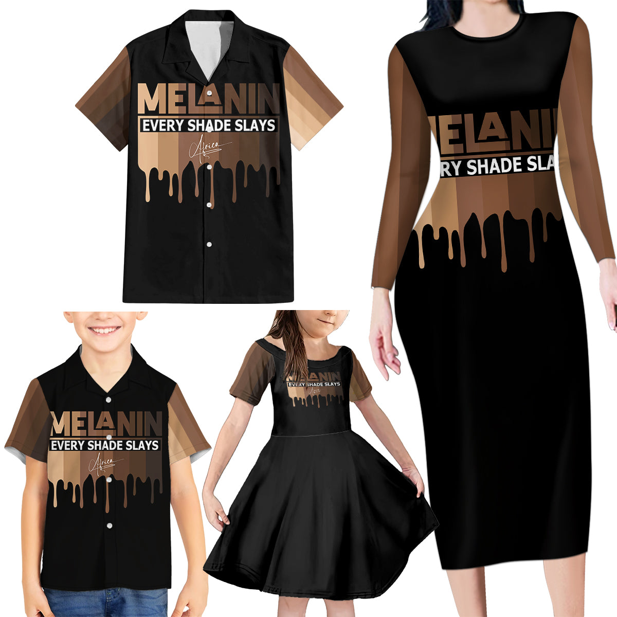 Every Shade Slays Melanin Family Matching Long Sleeve Bodycon Dress and Hawaiian Shirt African Signature - Wonder Print Shop