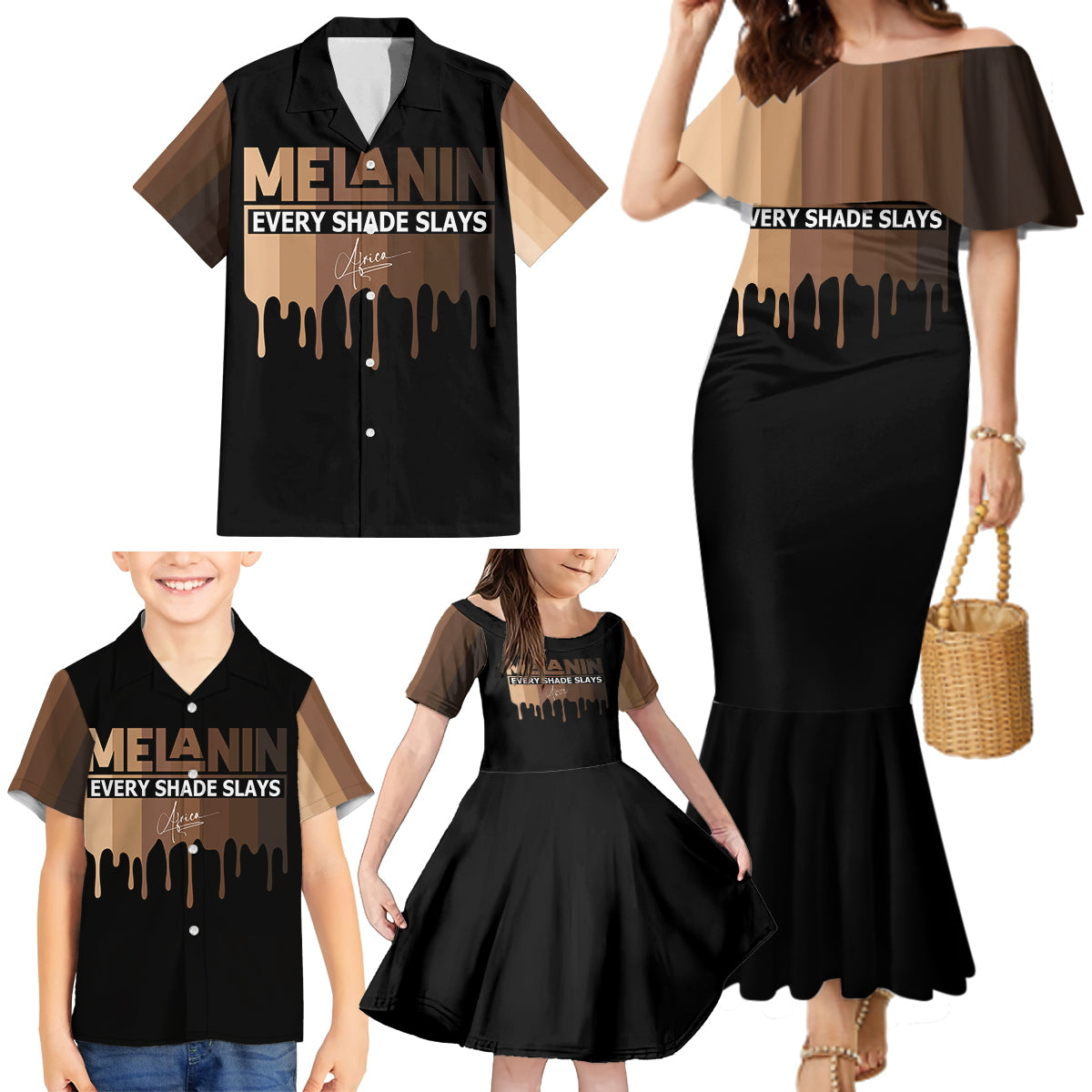 Every Shade Slays Melanin Family Matching Mermaid Dress and Hawaiian Shirt African Signature - Wonder Print Shop