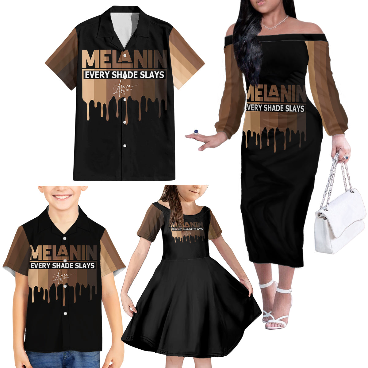 Every Shade Slays Melanin Family Matching Off Shoulder Long Sleeve Dress and Hawaiian Shirt African Signature - Wonder Print Shop