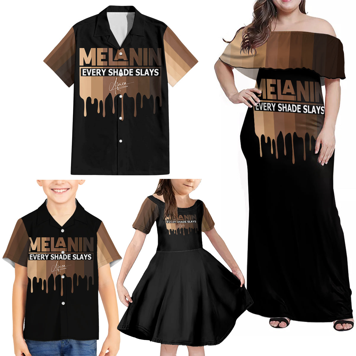 Every Shade Slays Melanin Family Matching Off Shoulder Maxi Dress and Hawaiian Shirt African Signature - Wonder Print Shop