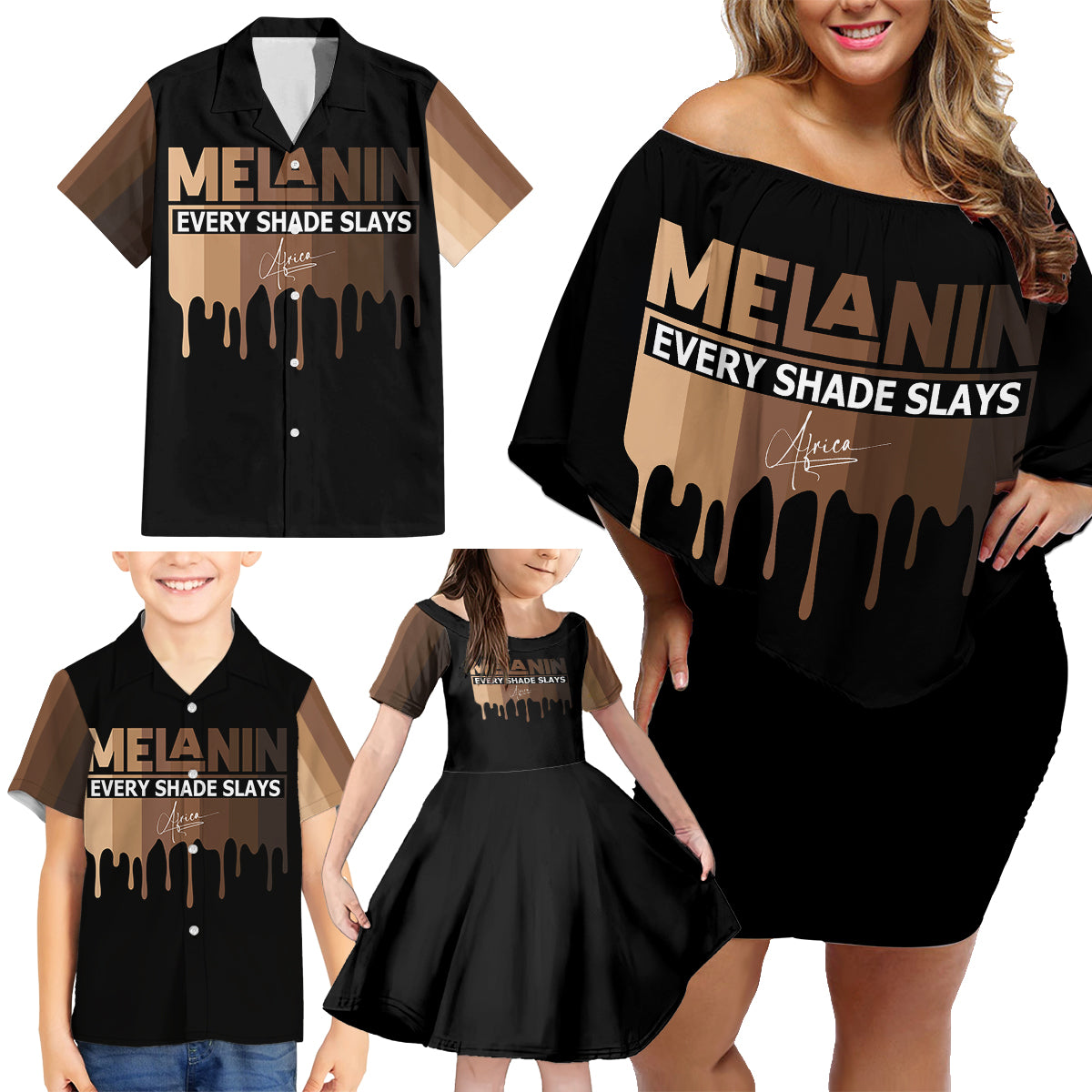 Every Shade Slays Melanin Family Matching Off Shoulder Short Dress and Hawaiian Shirt African Signature - Wonder Print Shop