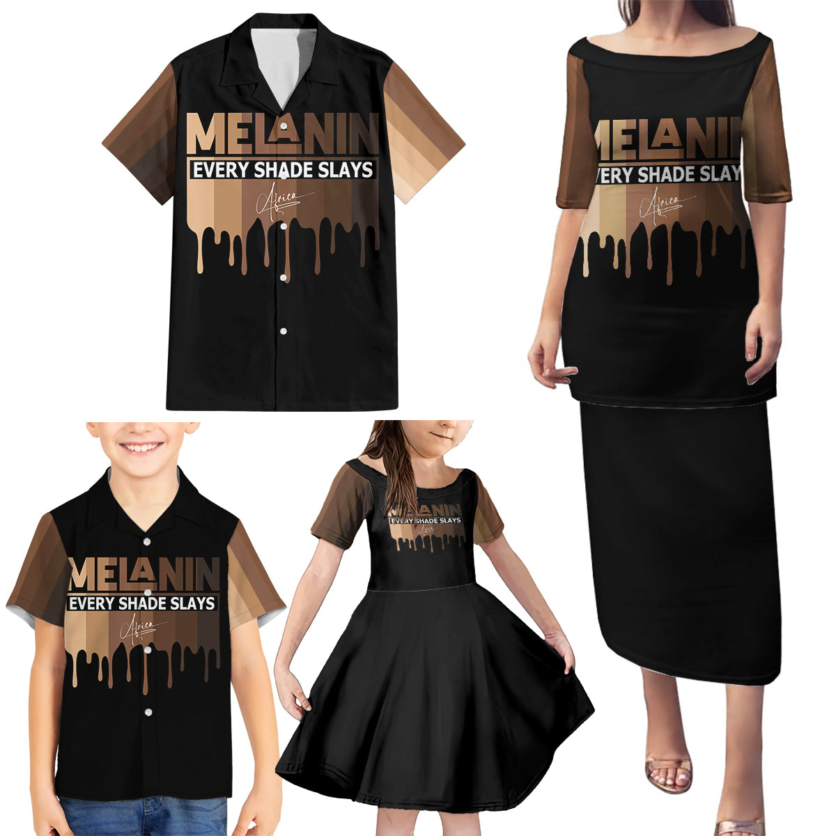 Every Shade Slays Melanin Family Matching Puletasi Dress and Hawaiian Shirt African Signature - Wonder Print Shop