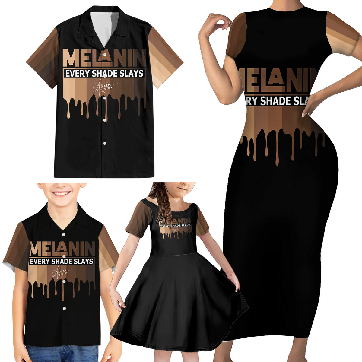 Every Shade Slays Melanin Family Matching Short Sleeve Bodycon Dress and Hawaiian Shirt African Signature - Wonder Print Shop