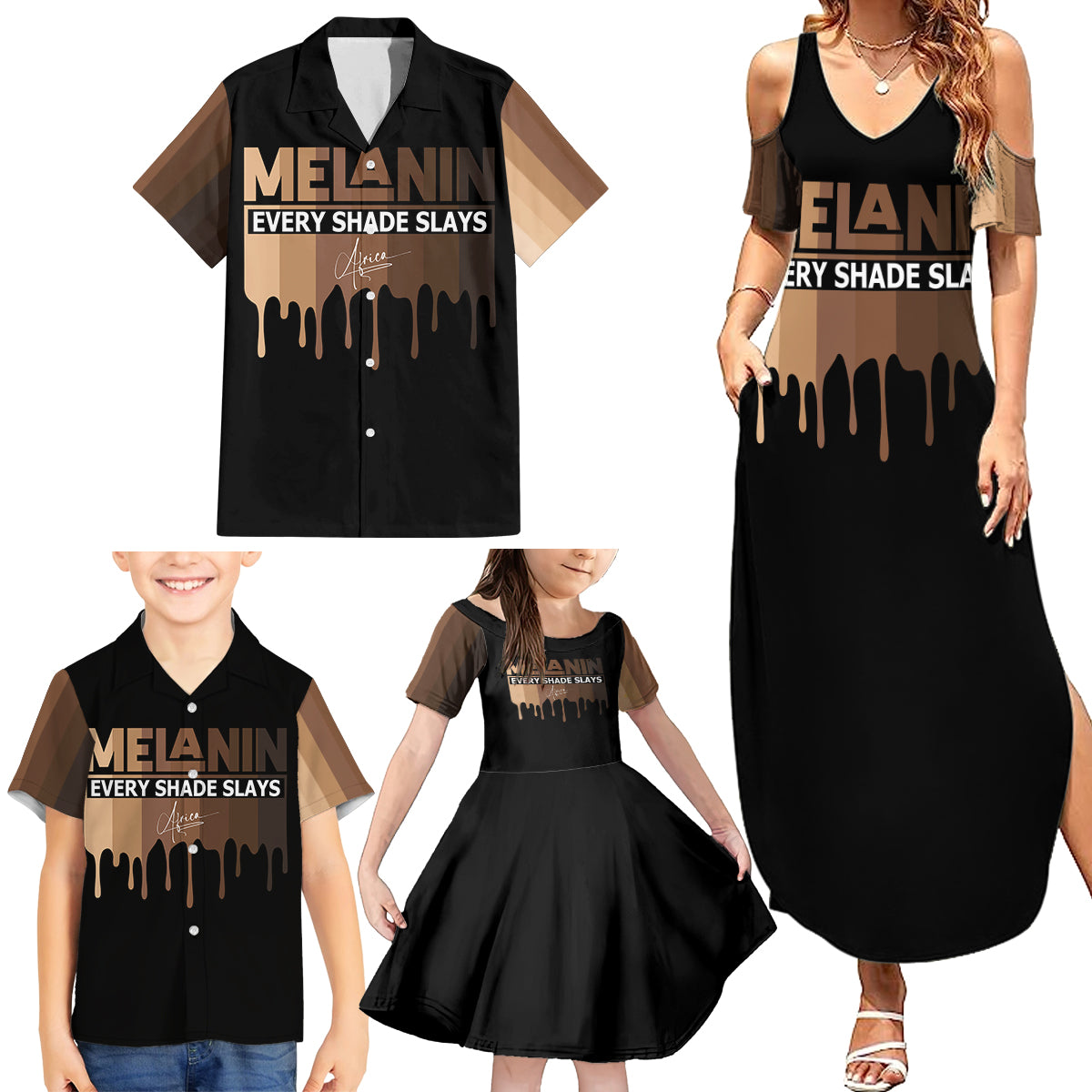 Every Shade Slays Melanin Family Matching Summer Maxi Dress and Hawaiian Shirt African Signature - Wonder Print Shop