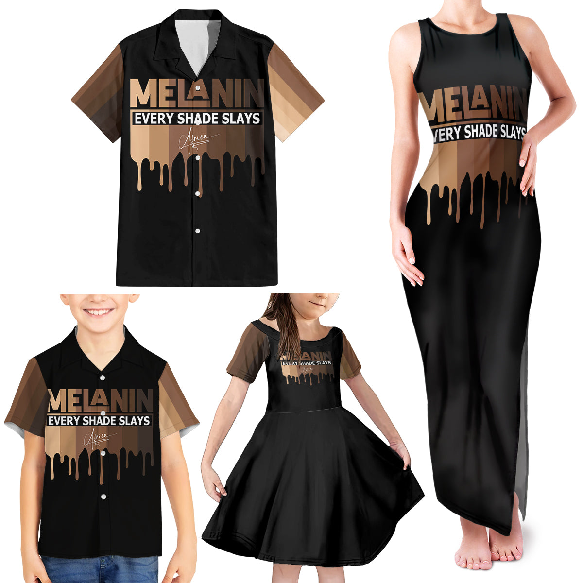 Every Shade Slays Melanin Family Matching Tank Maxi Dress and Hawaiian Shirt African Signature - Wonder Print Shop