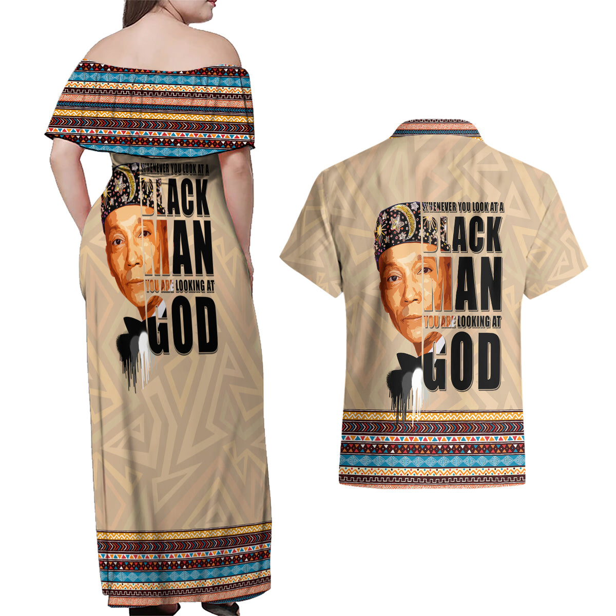 The Most Honorable Elijah Muhammad Couples Matching Off Shoulder Maxi Dress and Hawaiian Shirt Black Man - Wonder Print Shop