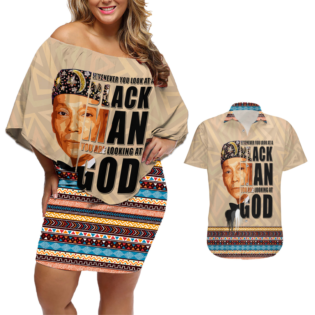 The Most Honorable Elijah Muhammad Couples Matching Off Shoulder Short Dress and Hawaiian Shirt Black Man - Wonder Print Shop
