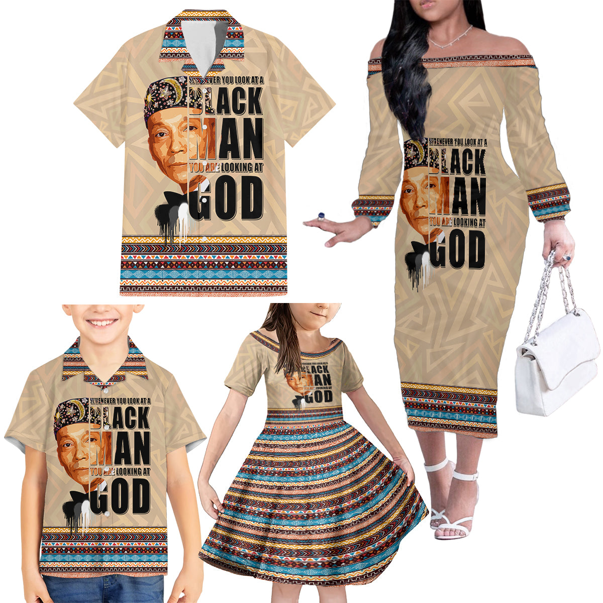 The Most Honorable Elijah Muhammad Family Matching Off Shoulder Long Sleeve Dress and Hawaiian Shirt Black Man - Wonder Print Shop