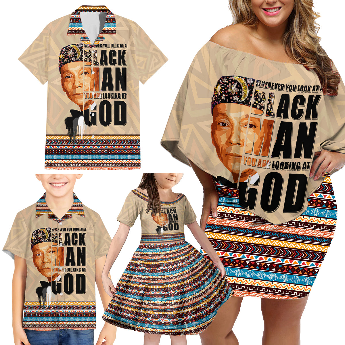 The Most Honorable Elijah Muhammad Family Matching Off Shoulder Short Dress and Hawaiian Shirt Black Man - Wonder Print Shop