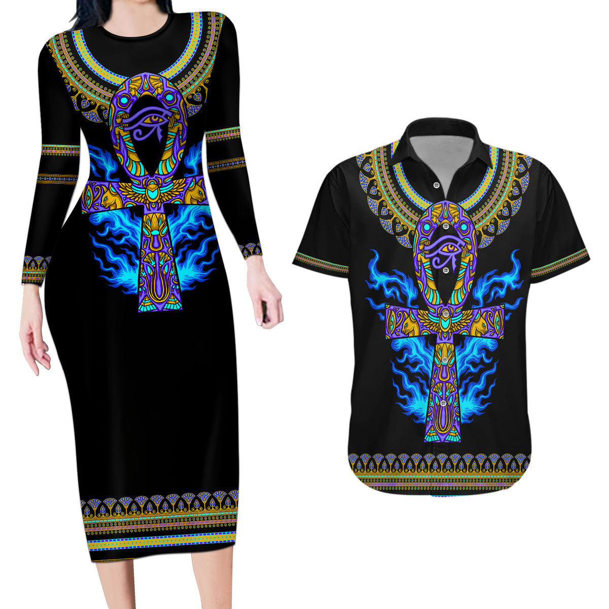 Egyptian Ankh Golden Blue Fire Couples Matching Long Sleeve Bodycon Dress and Hawaiian Shirt - Wonder Print Shop
