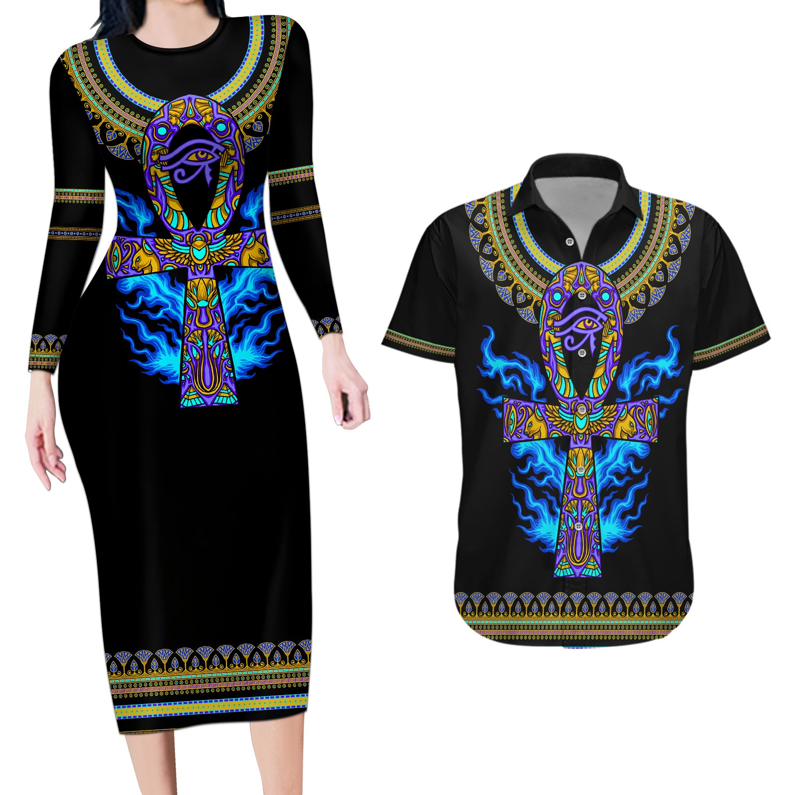 egyptian-ankh-golden-blue-fire-couples-matching-long-sleeve-bodycon-dress-and-hawaiian-shirt