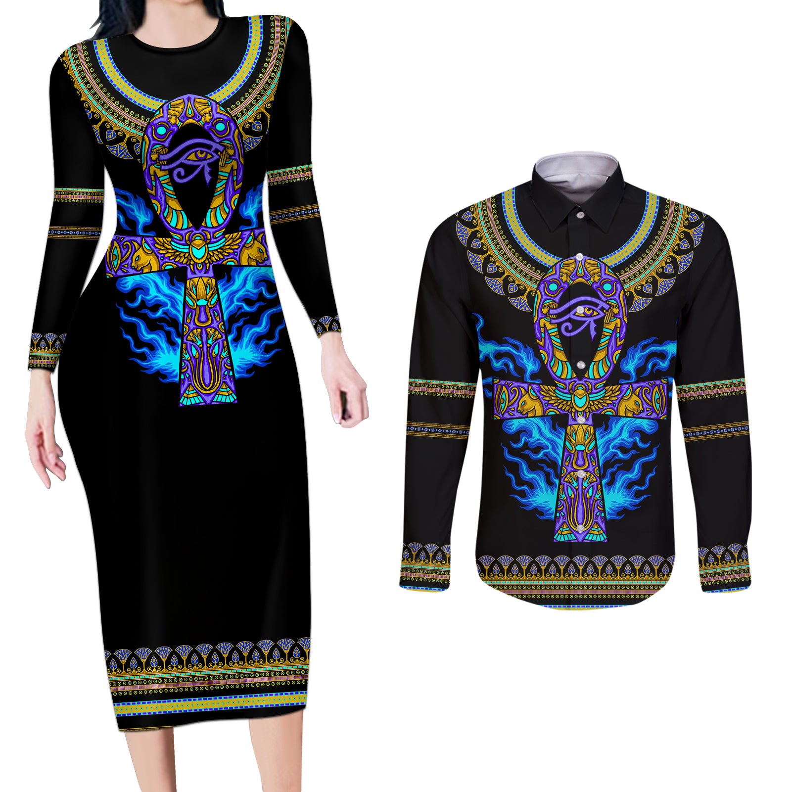 egyptian-ankh-golden-blue-fire-couples-matching-long-sleeve-bodycon-dress-and-long-sleeve-button-shirts