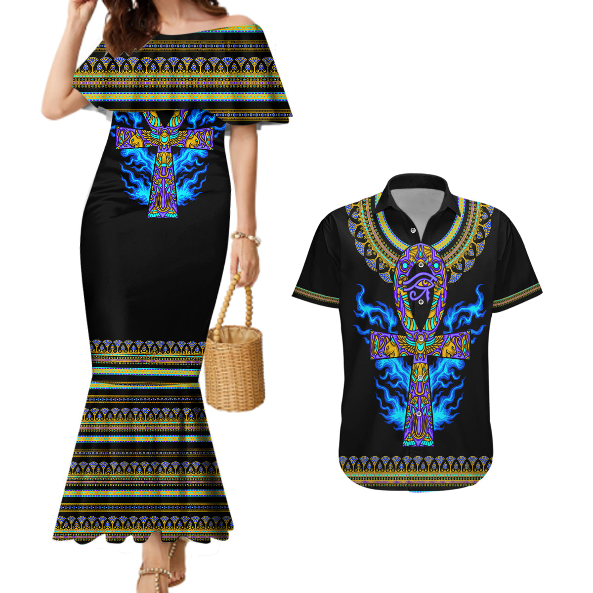 egyptian-ankh-golden-blue-fire-couples-matching-mermaid-dress-and-hawaiian-shirt