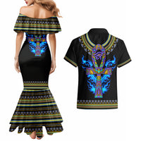 Egyptian Ankh Golden Blue Fire Couples Matching Mermaid Dress and Hawaiian Shirt - Wonder Print Shop