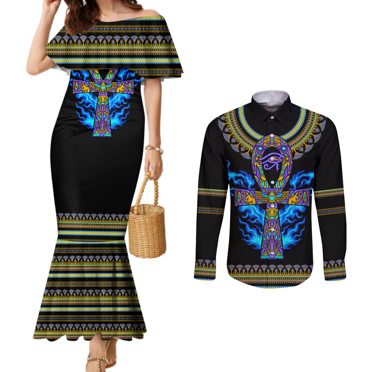 egyptian-ankh-golden-blue-fire-couples-matching-mermaid-dress-and-long-sleeve-button-shirts