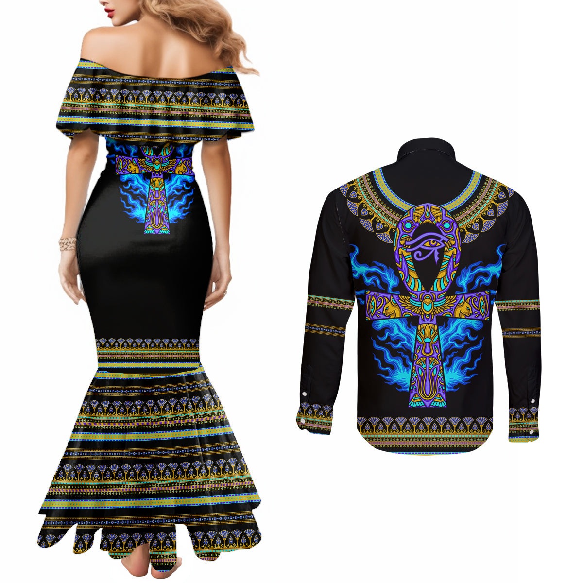 egyptian-ankh-golden-blue-fire-couples-matching-mermaid-dress-and-long-sleeve-button-shirts