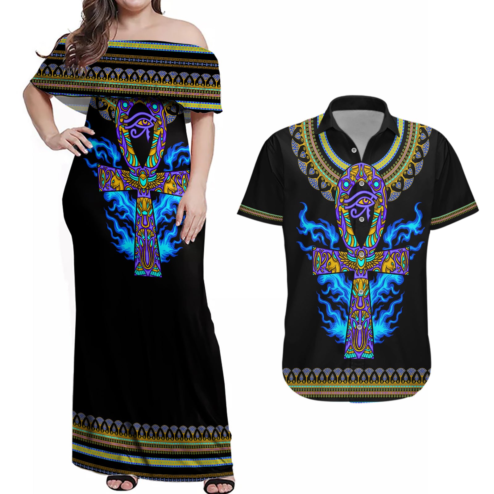 egyptian-ankh-golden-blue-fire-couples-matching-off-shoulder-maxi-dress-and-hawaiian-shirt