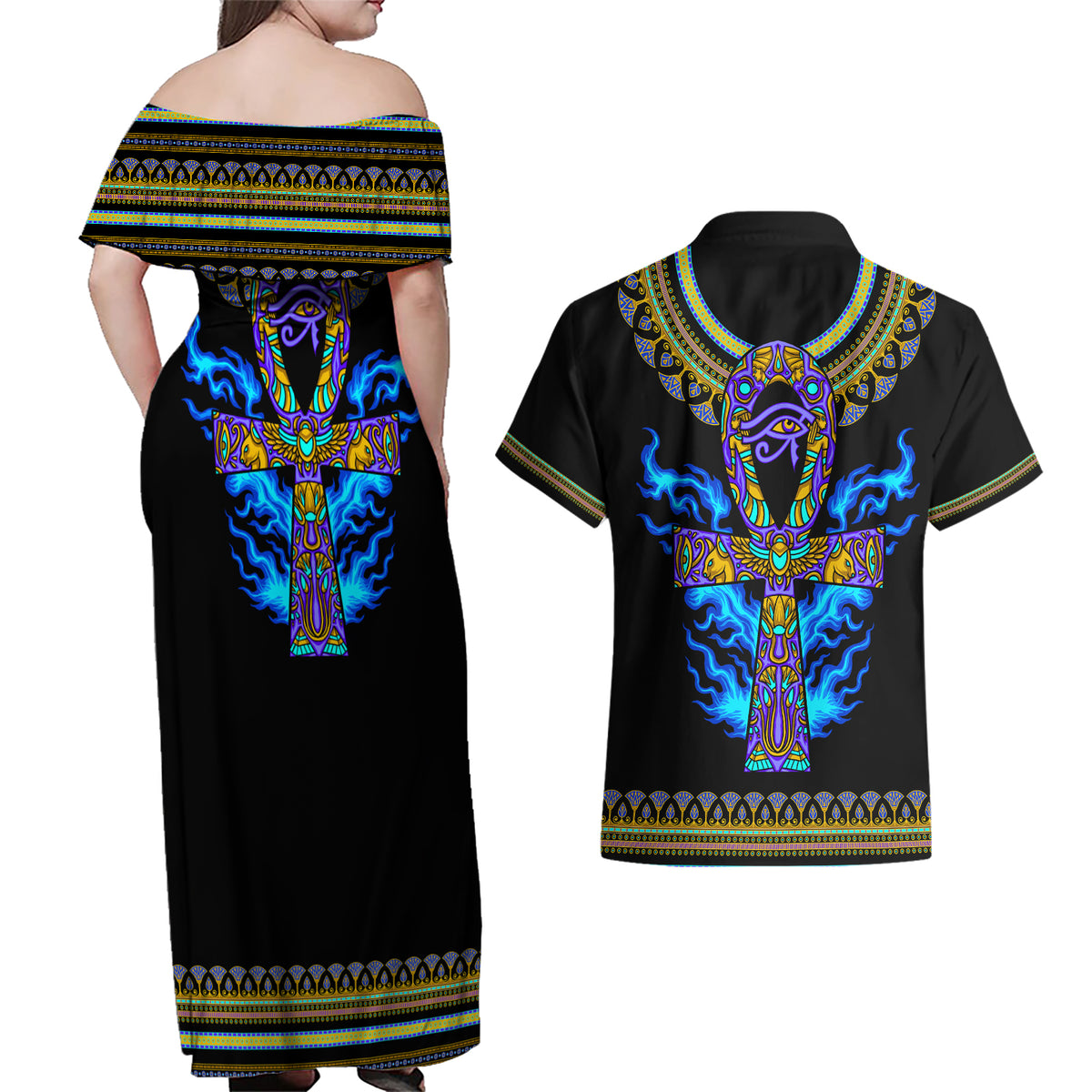Egyptian Ankh Golden Blue Fire Couples Matching Off Shoulder Maxi Dress and Hawaiian Shirt - Wonder Print Shop